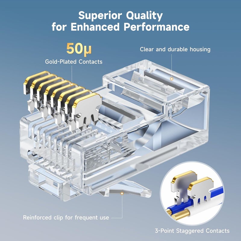 CableMatters 200 حزمة موصلات RJ45 Cat 6 تمرير، مطلية بالذهب 50µ (نهايات Cat 6 / موصل Cat6 / قابس RJ45 / قابس Ethernet / موصل الشبكة) لكابل Ethernet UTP صلب أو مجدول - Image 4